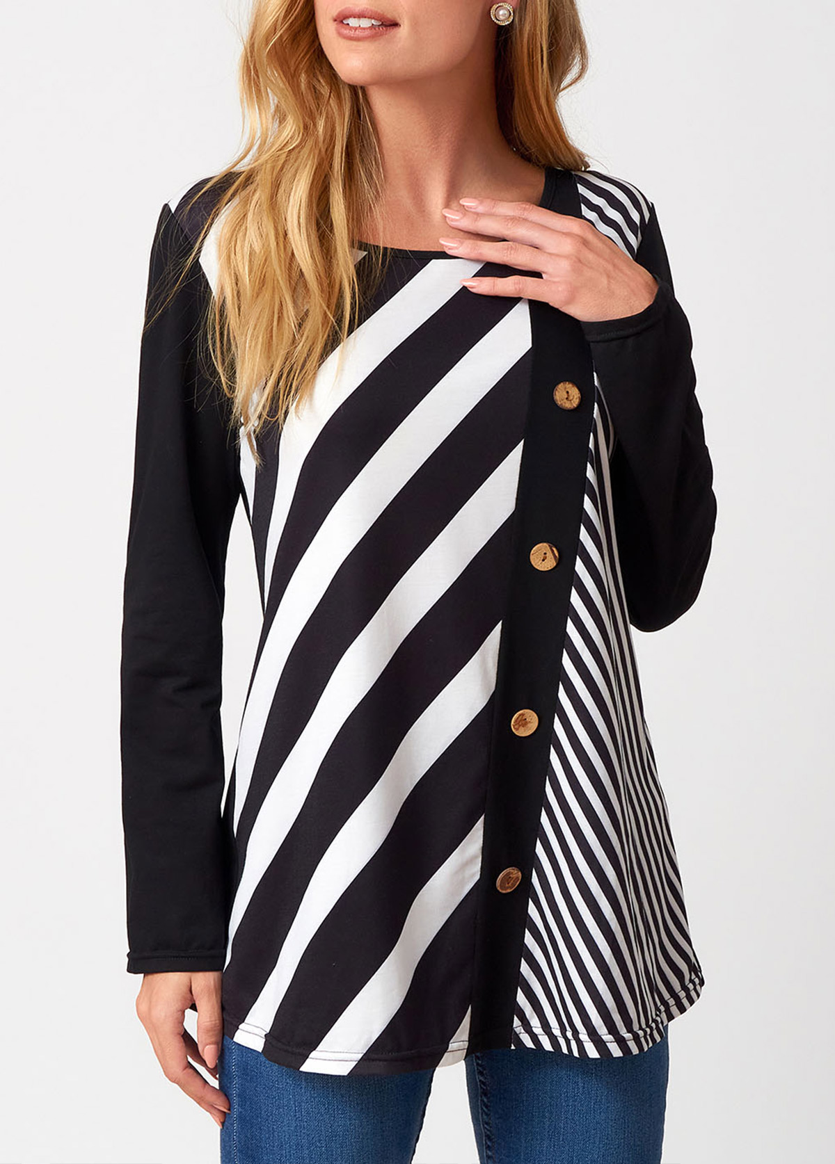 Decorative Button Long Sleeve Stripe Print T Shirt