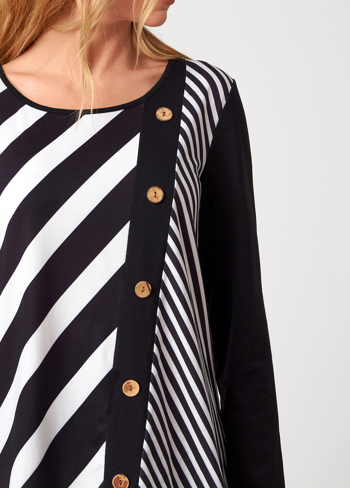 Decorative Button Long Sleeve Stripe Print T Shirt
