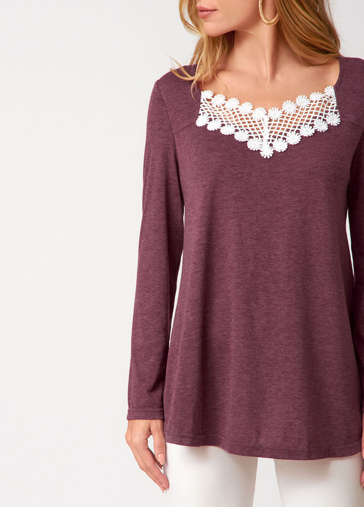 Dark Reddish Purple Lace Patchwork Long Sleeve T Shirt