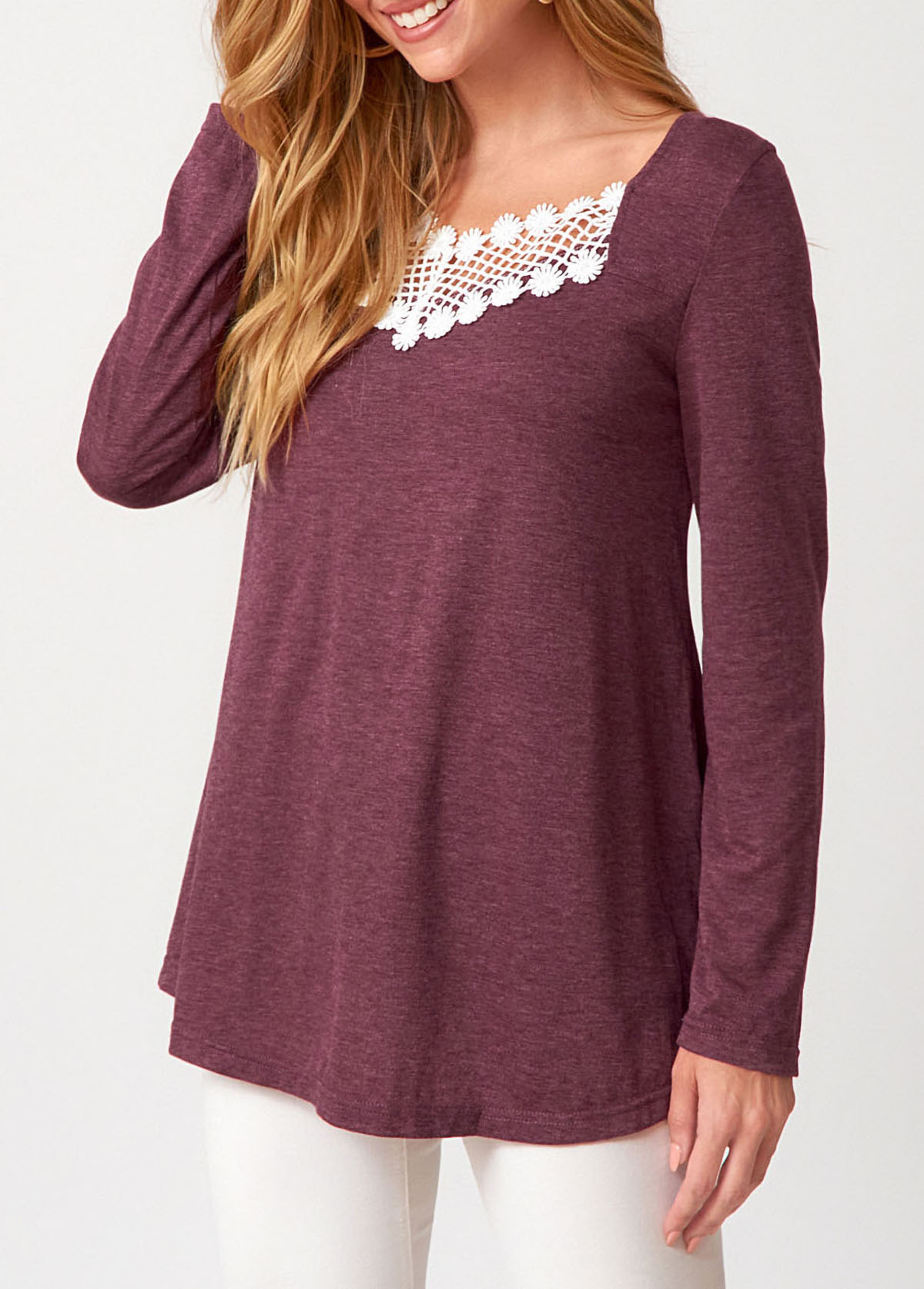Dark Reddish Purple Lace Patchwork Long Sleeve T Shirt