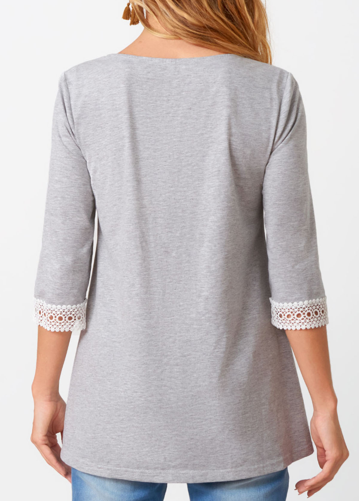 Three Quarters Sleeve Lace Patchwork Round Neck T Shirt