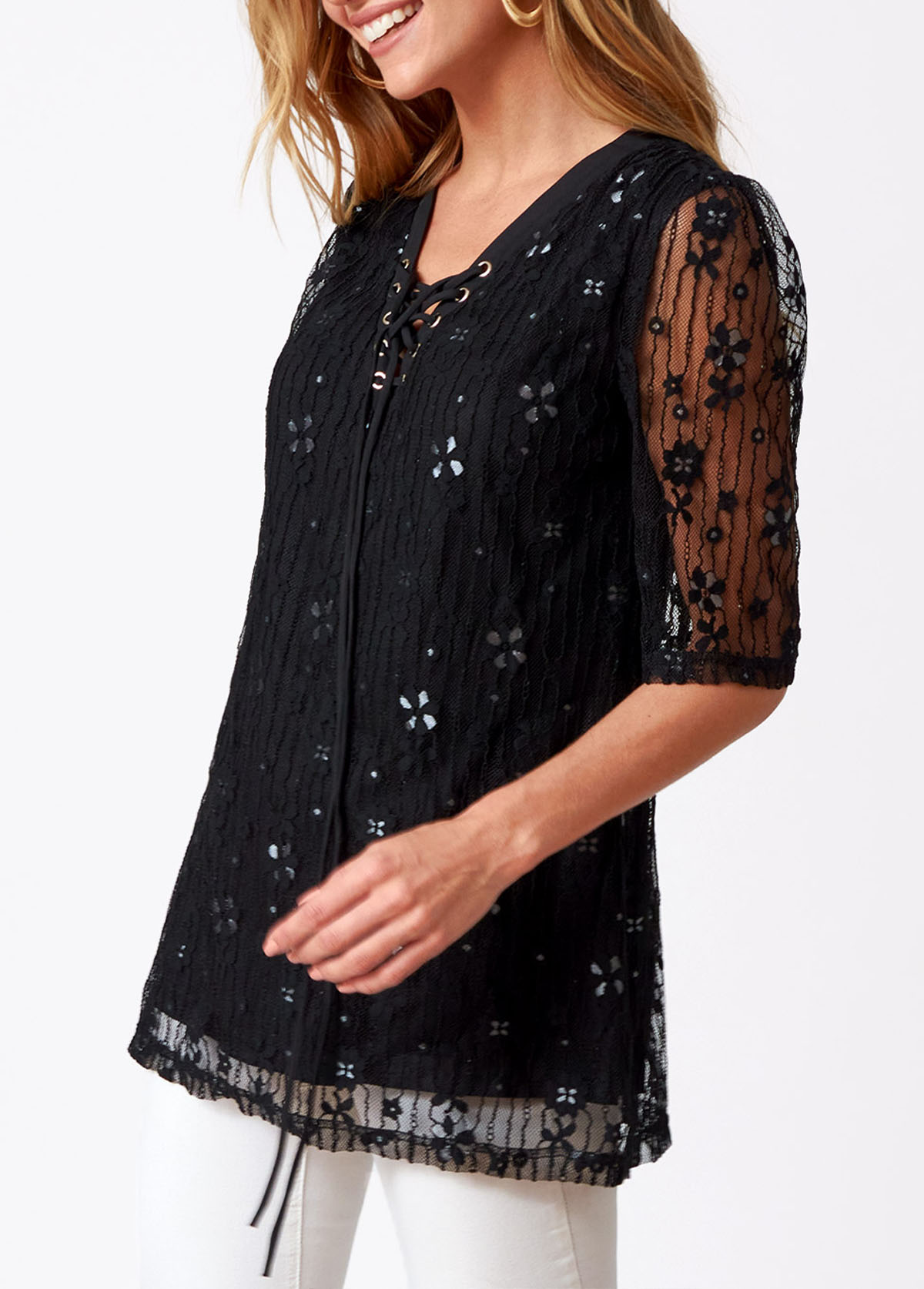 Lace Stitching Tie Front T Shirt