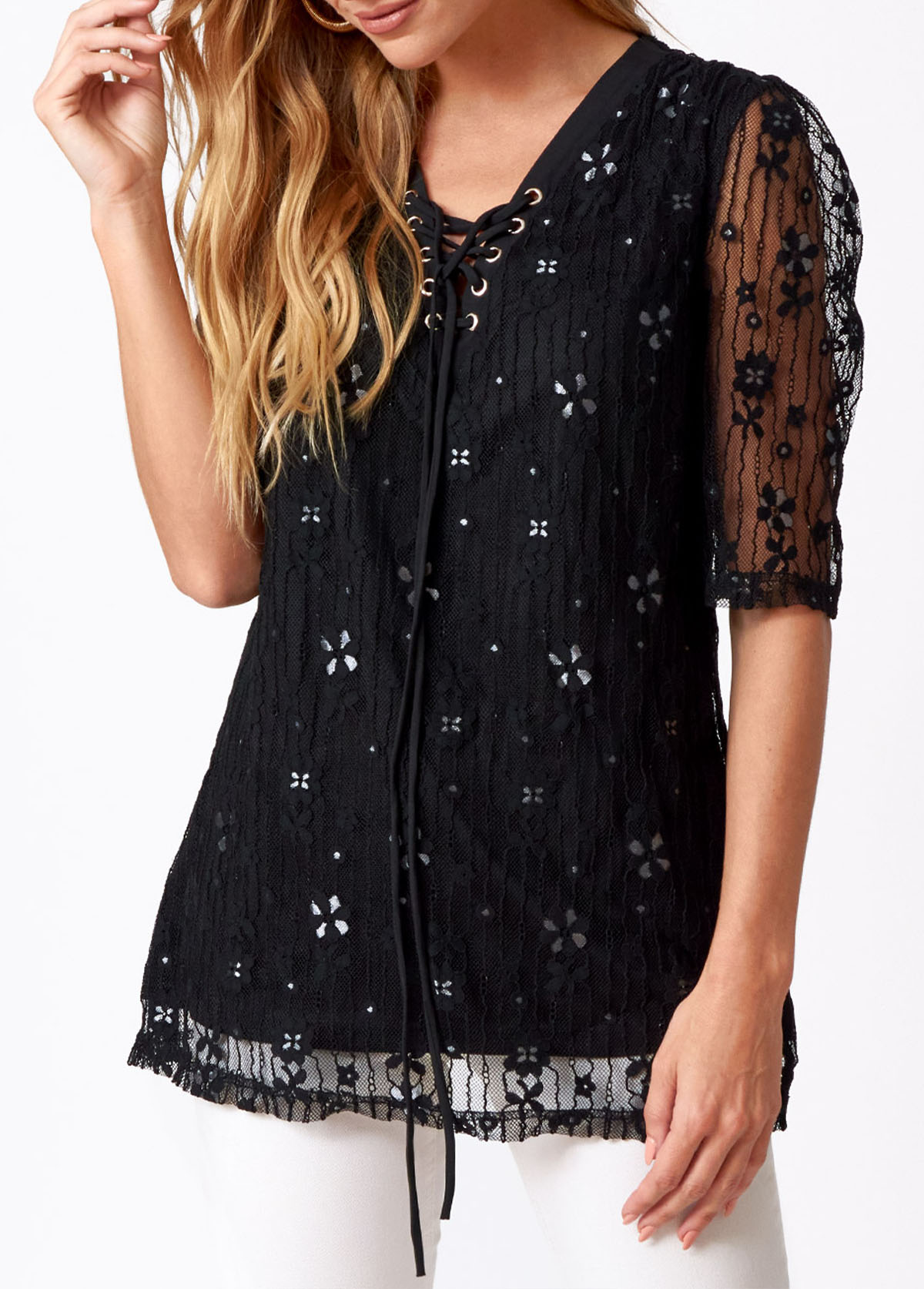 Lace Stitching Tie Front T Shirt