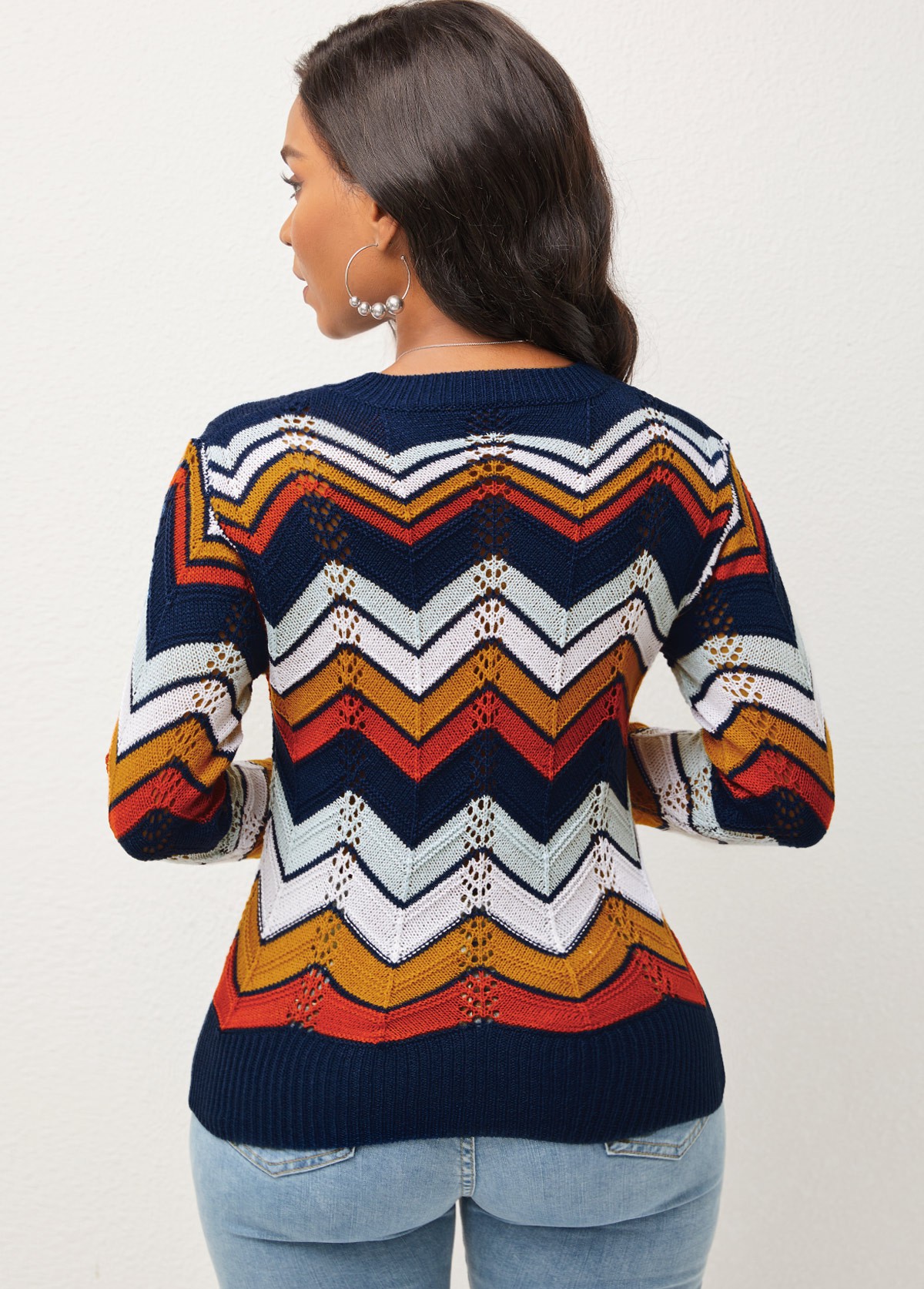 Long Sleeve Chevron Print Round Neck Sweater