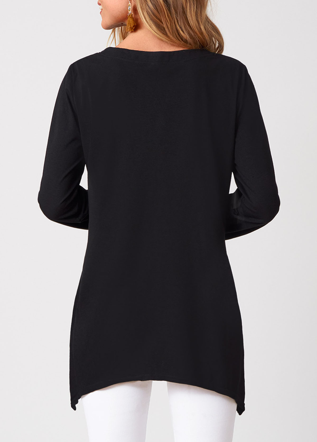 Black Zipper Asymmetric Hem Long Sleeve T Shirt