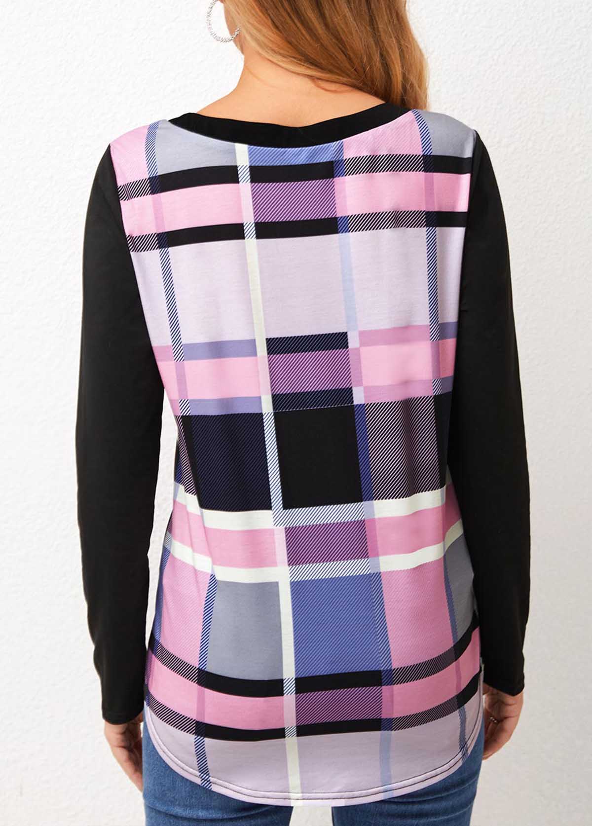 V Neck Plaid Long Sleeve T Shirt