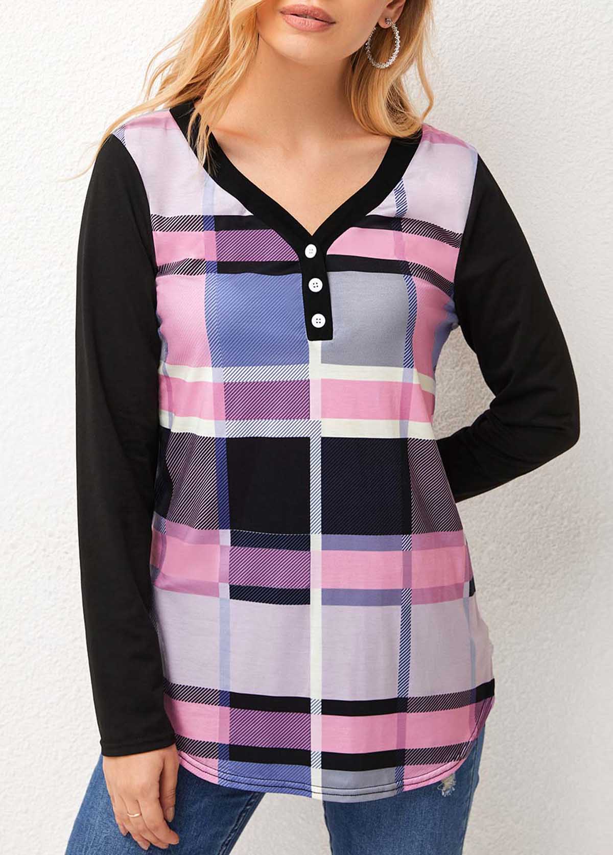 V Neck Plaid Long Sleeve T Shirt