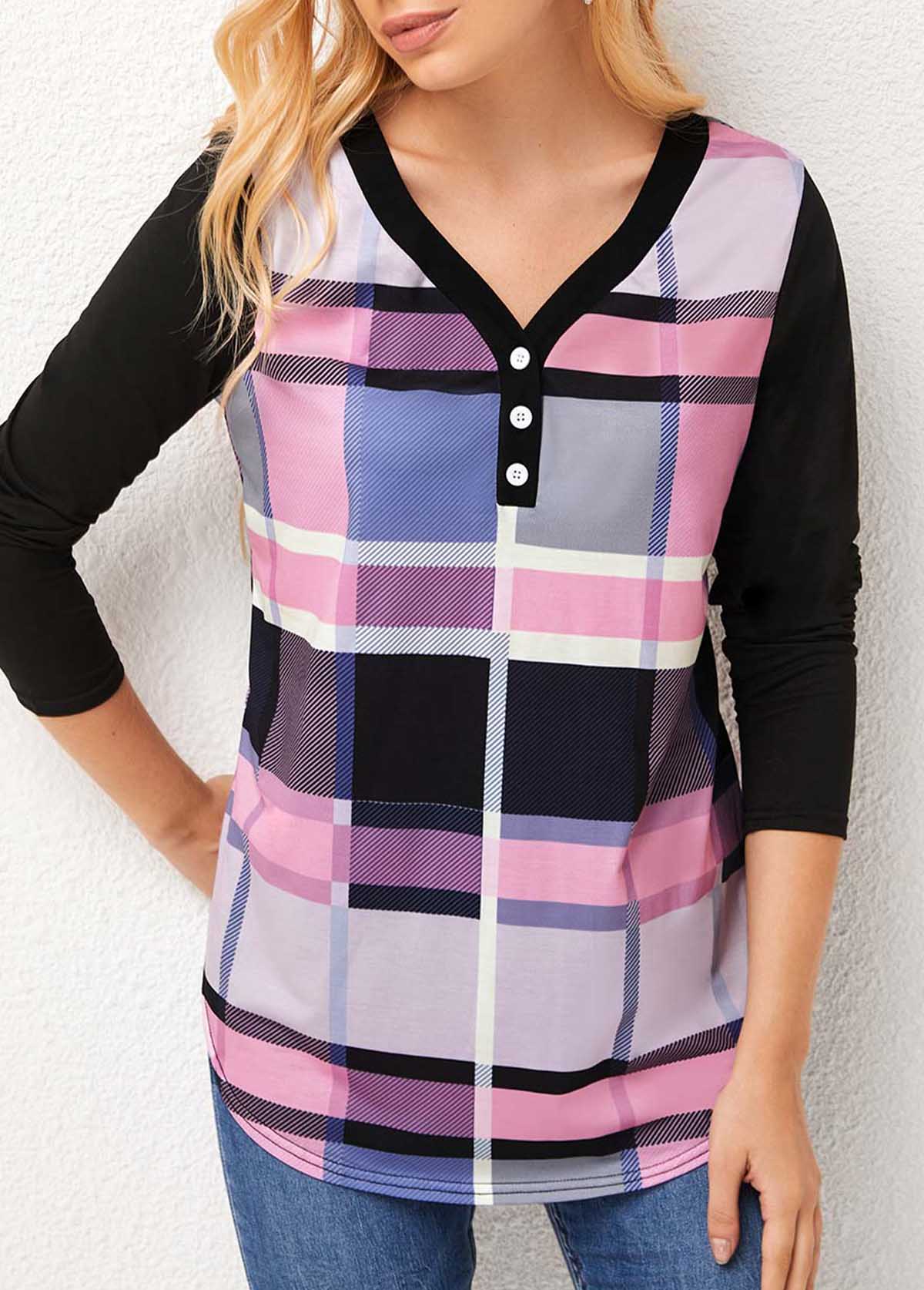 V Neck Plaid Long Sleeve T Shirt