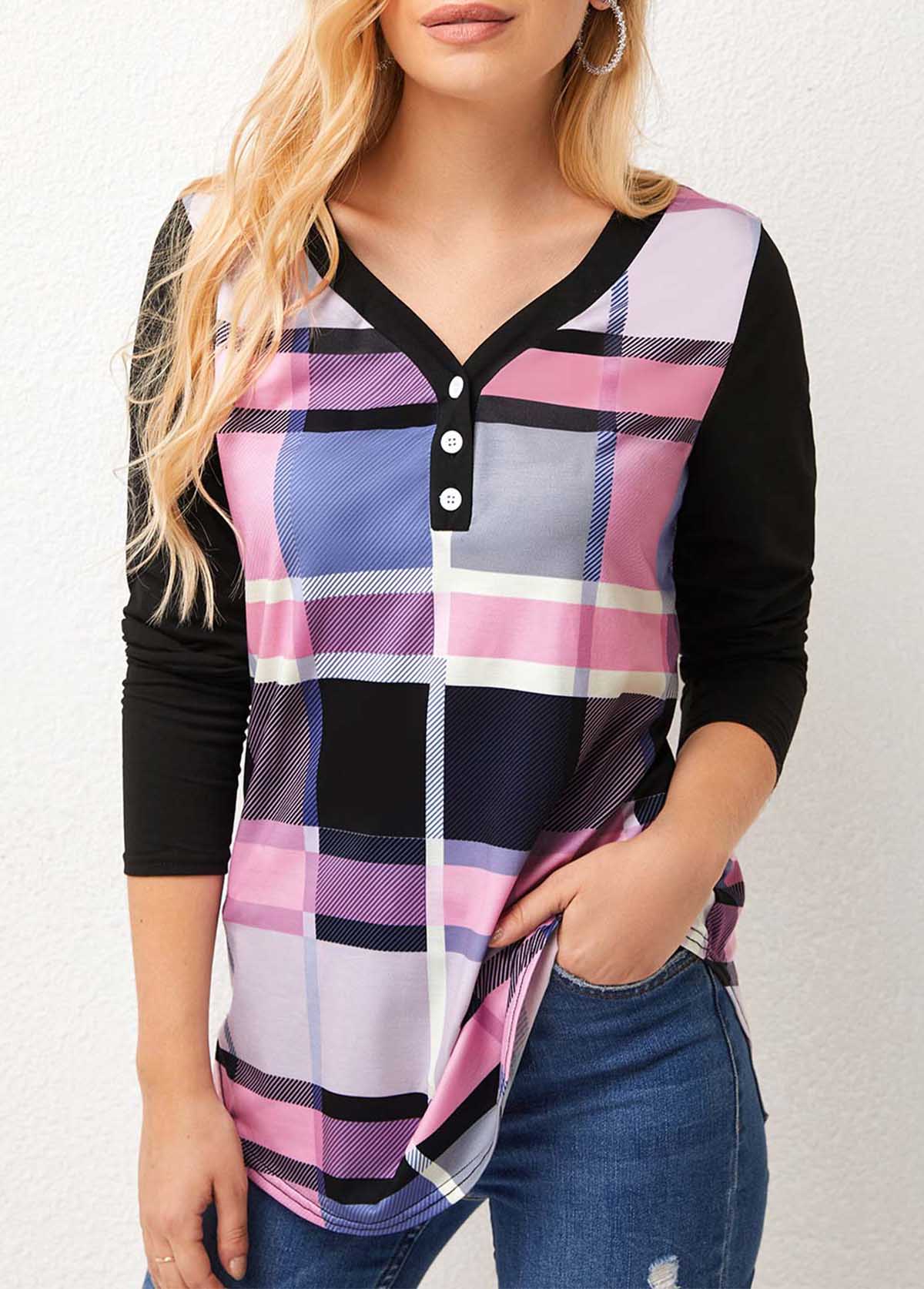 V Neck Plaid Long Sleeve T Shirt