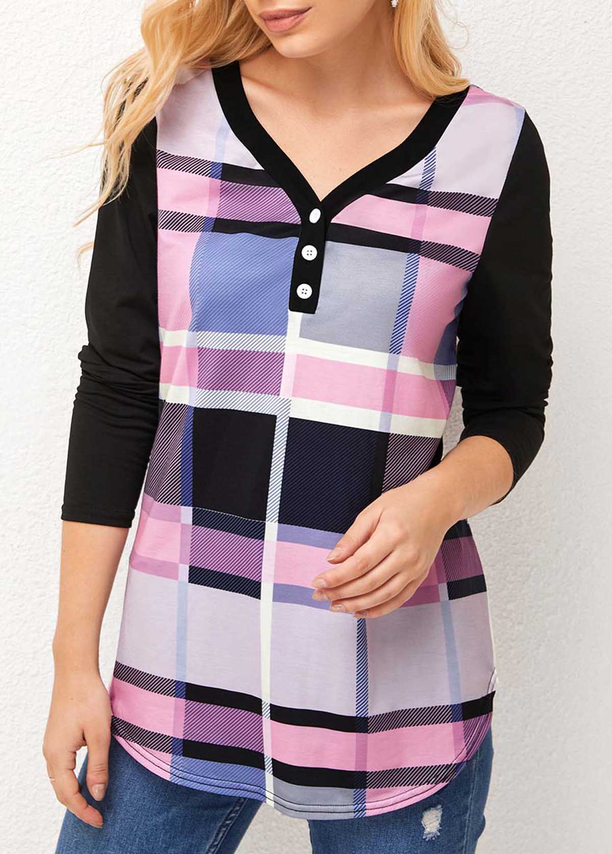 V Neck Plaid Long Sleeve T Shirt