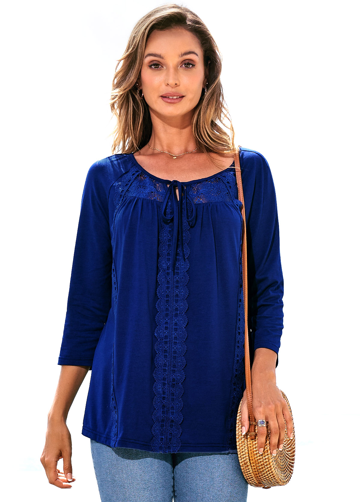 3/4 Sleeve Lace Stitching Tie Front T Shirt