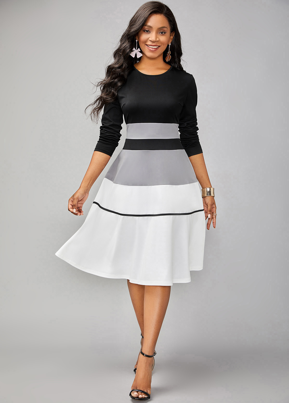 Long Sleeve Contrast Round Neck Striped Dress