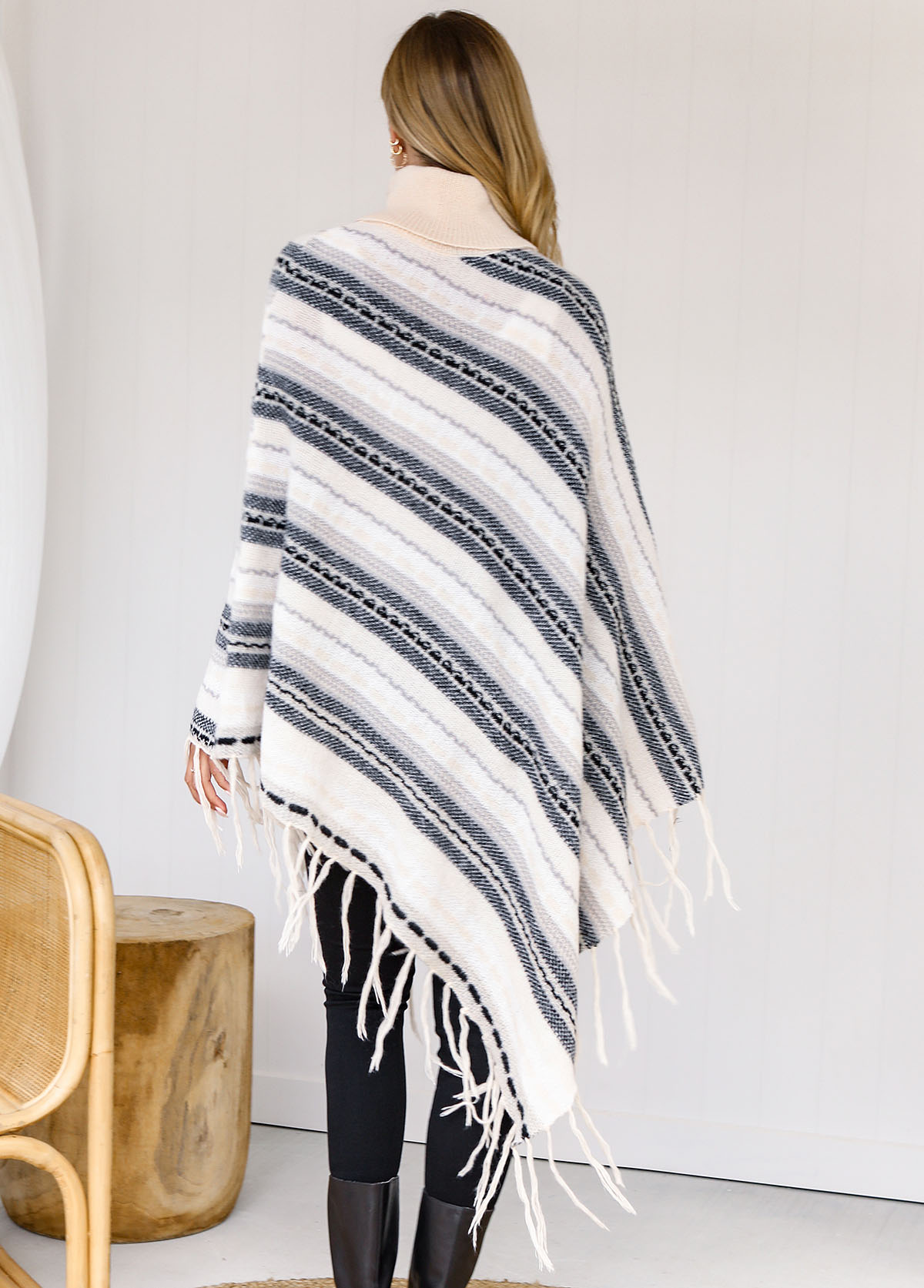 Stripe Print Tassel Long Sleeve Turtleneck Sweater
