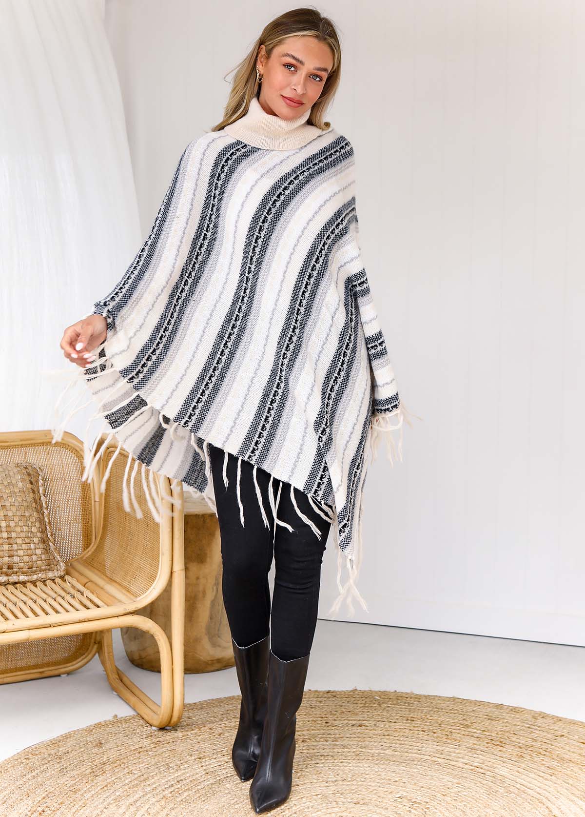 Stripe Print Tassel Long Sleeve Turtleneck Sweater