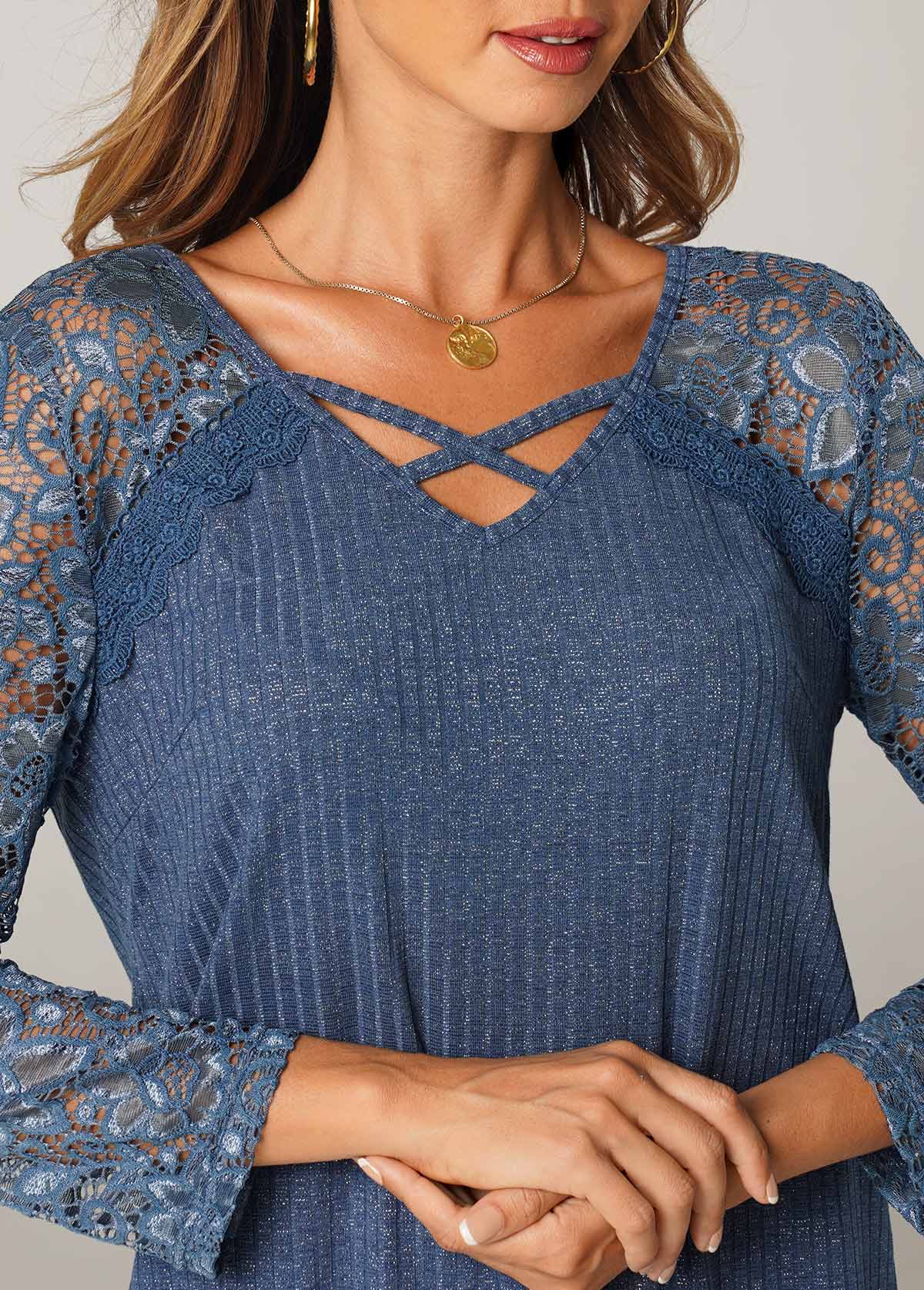 Cross Strap Lace Stitching Blue T Shirt