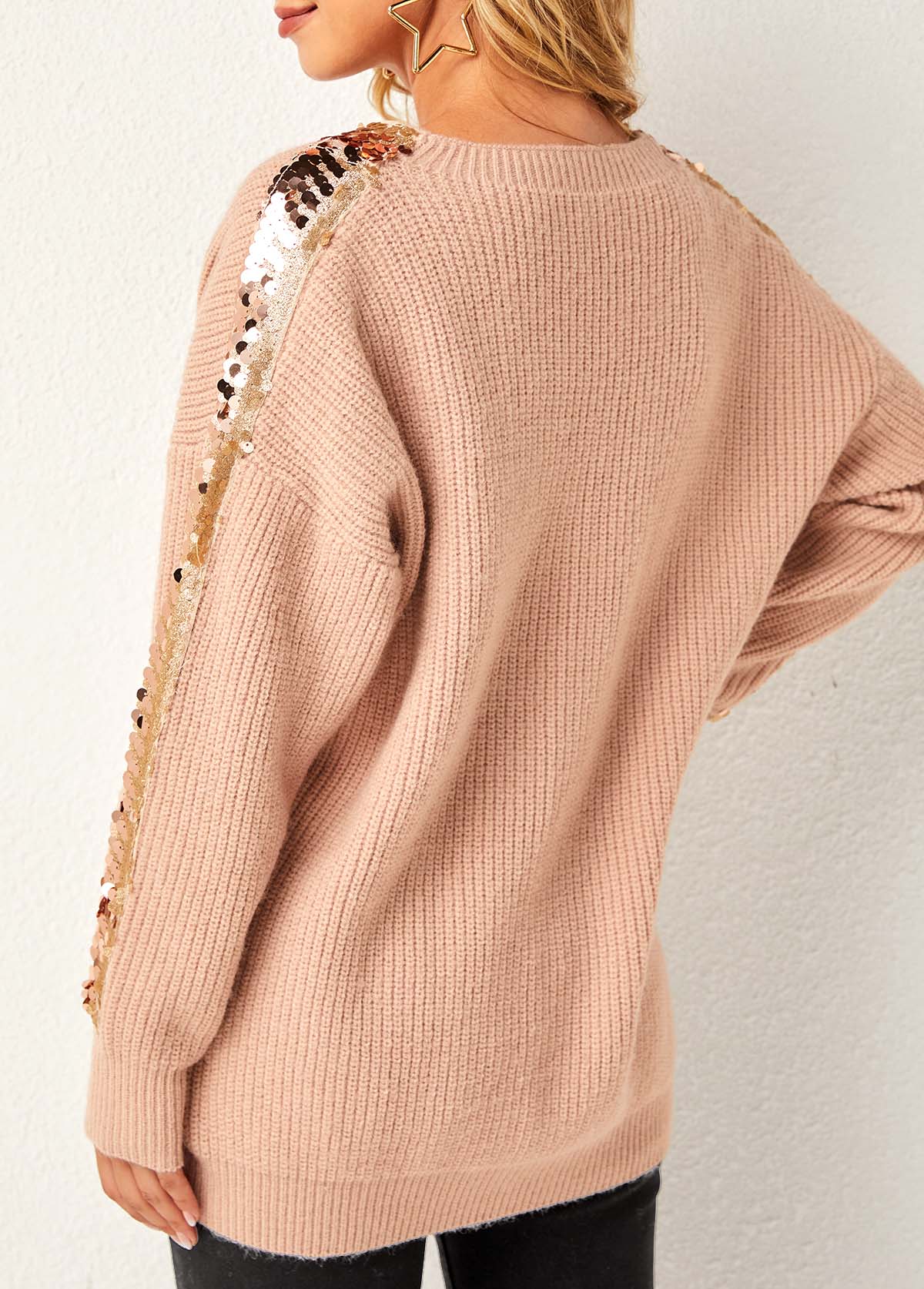 Sequin Long Sleeve Khaki V Neck Sweater