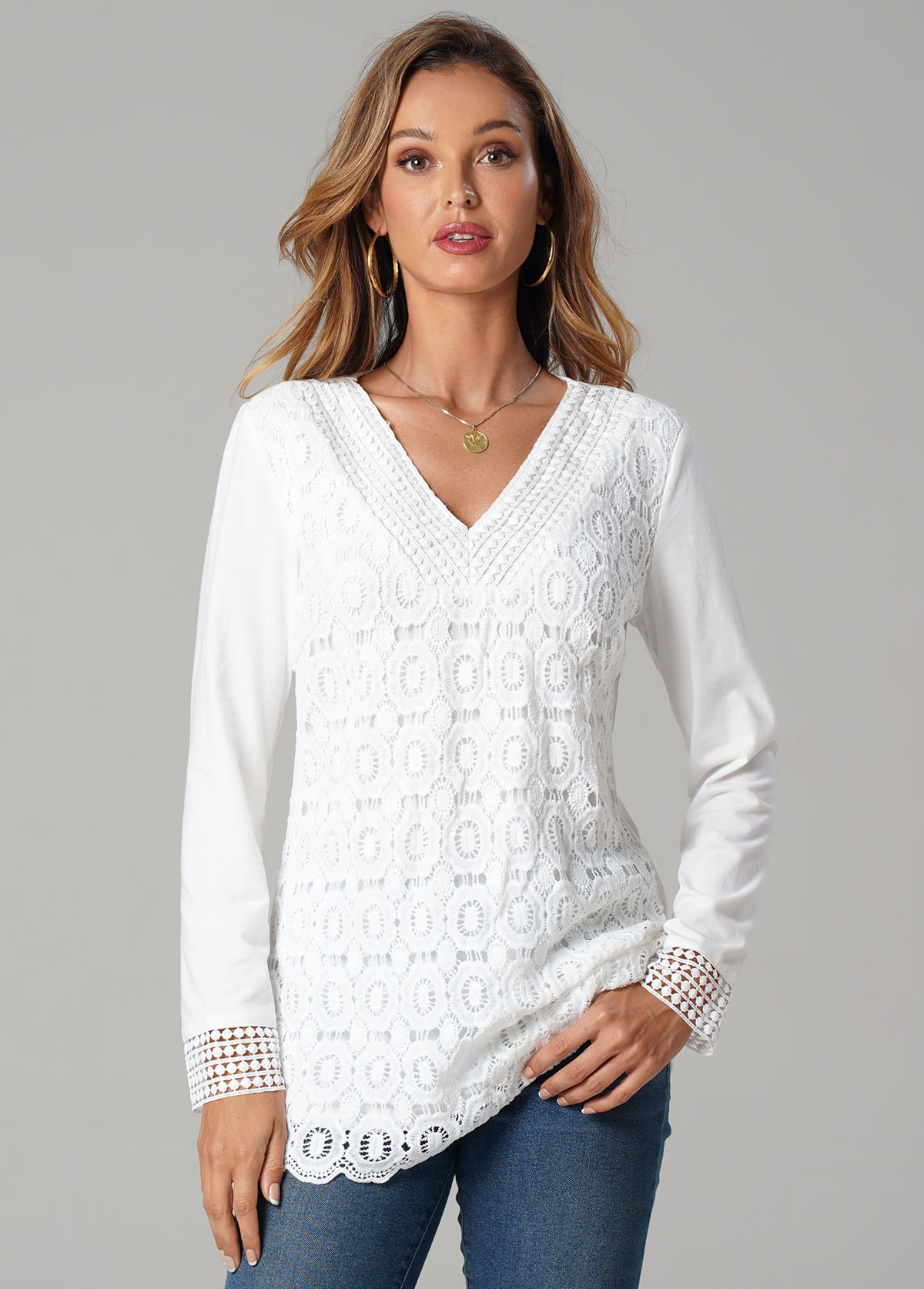 Solid Lace Splicing Long Sleeve V Neck T Shirt