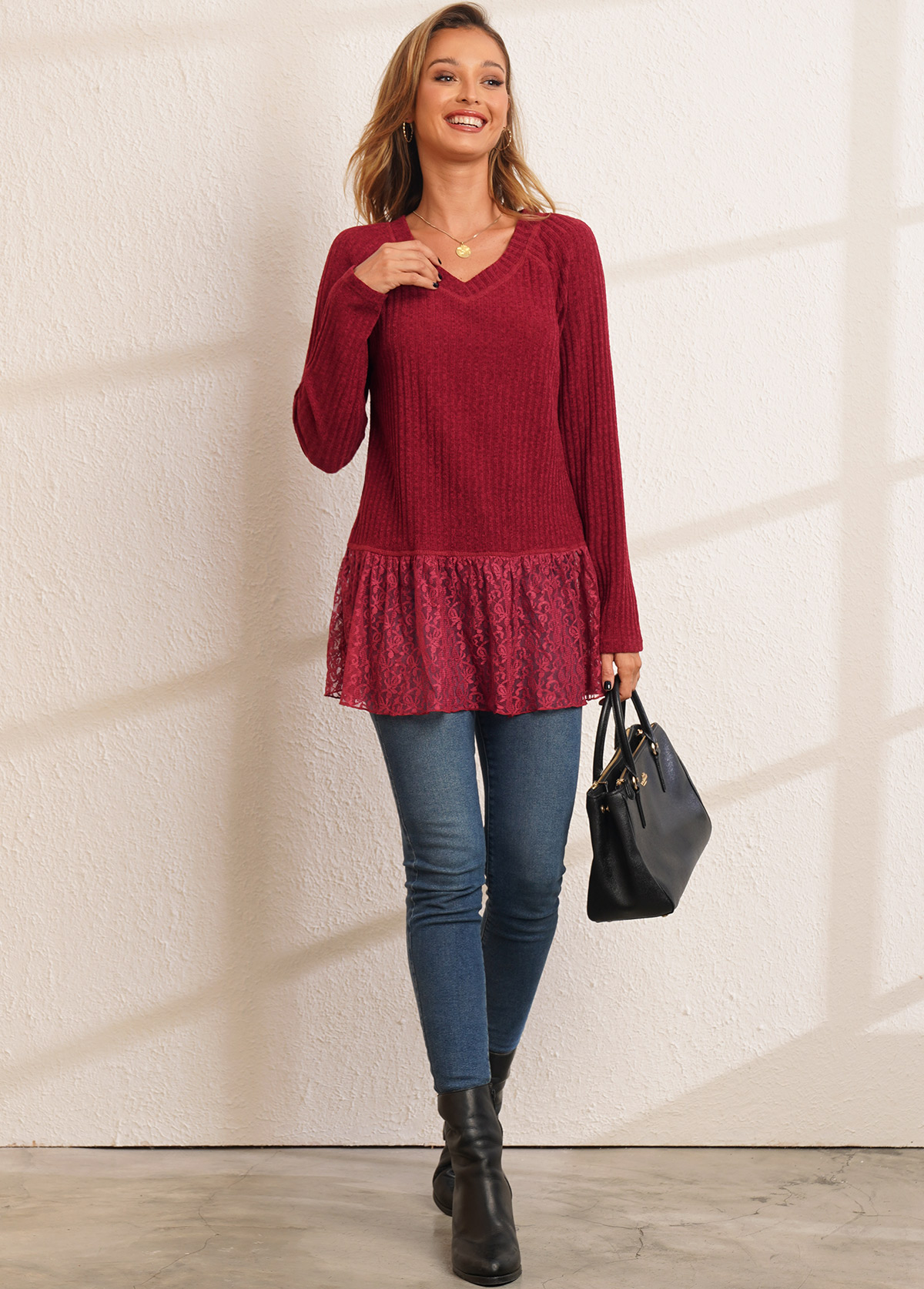 Solid Lace Patchwork Long Sleeve V Neck T Shirt
