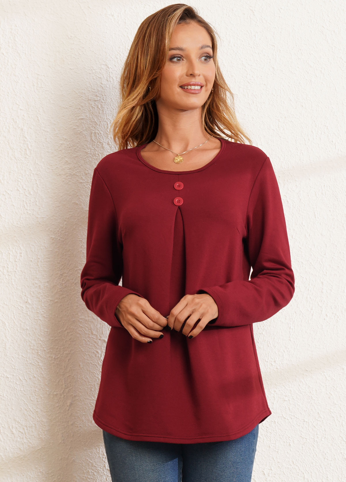 Long Sleeve Decorative Button Round Neck Valentines T Shirt