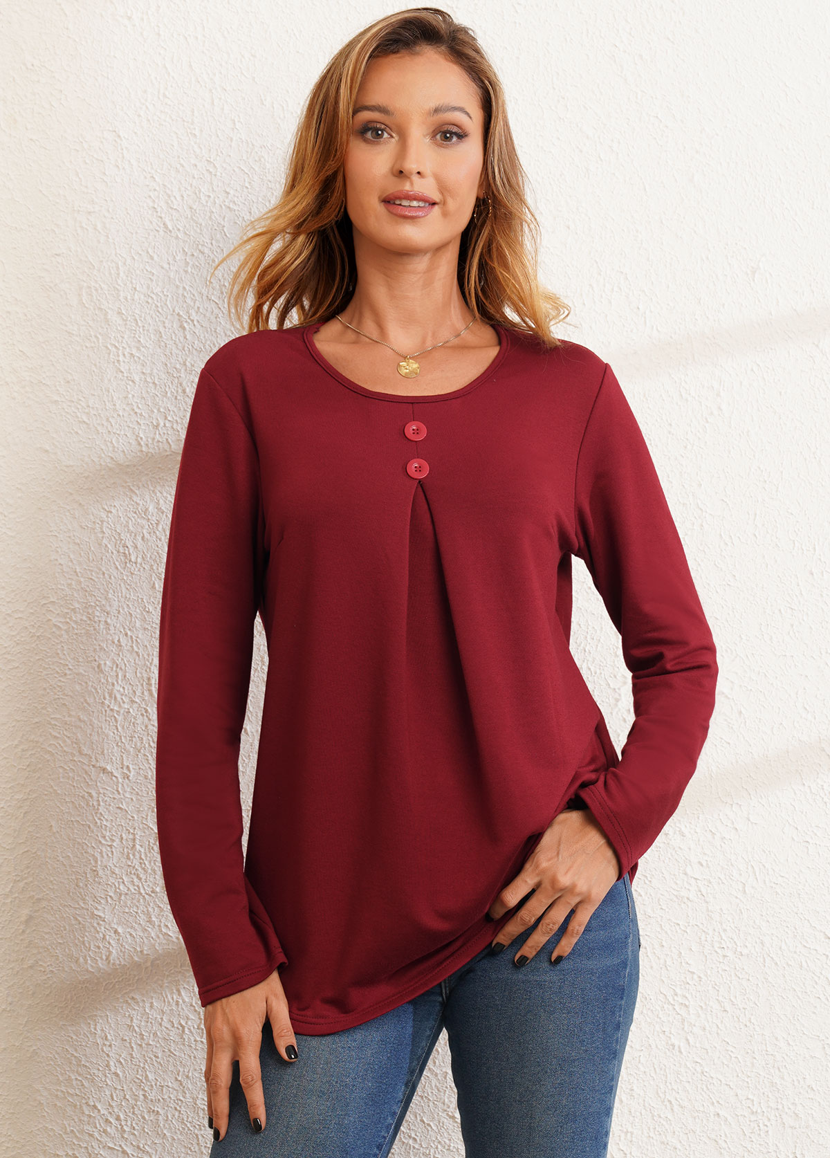 Long Sleeve Decorative Button Round Neck Valentines T Shirt