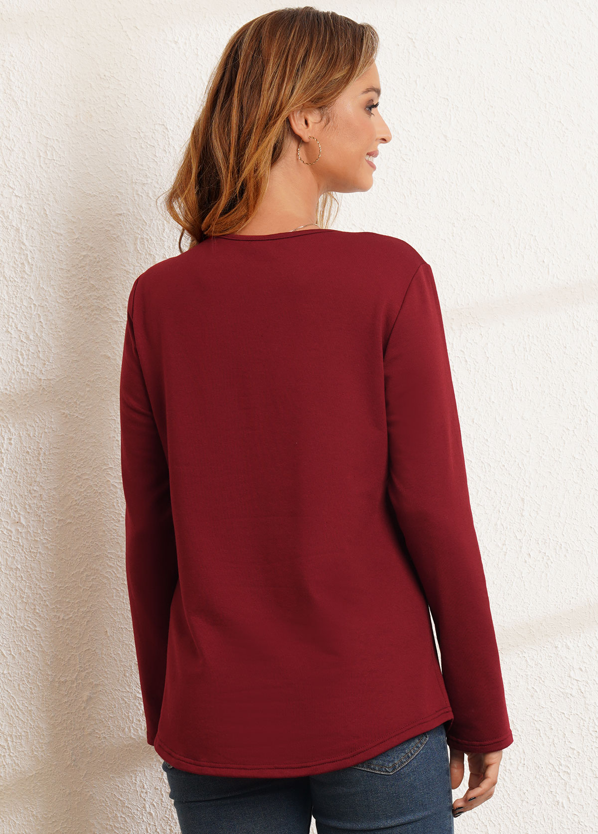 Long Sleeve Decorative Button Round Neck Valentines T Shirt
