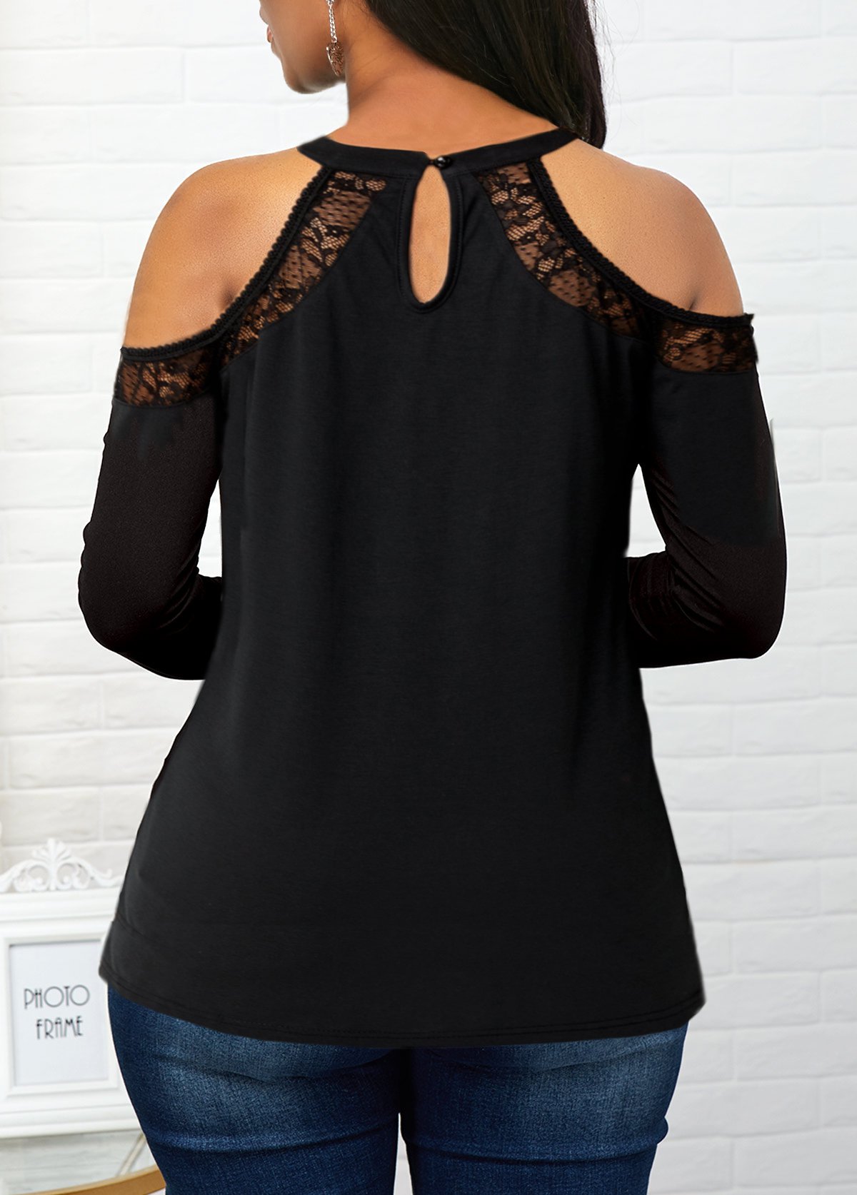 Long Sleeve Lace Stitching Cold Shoulder T Shirt