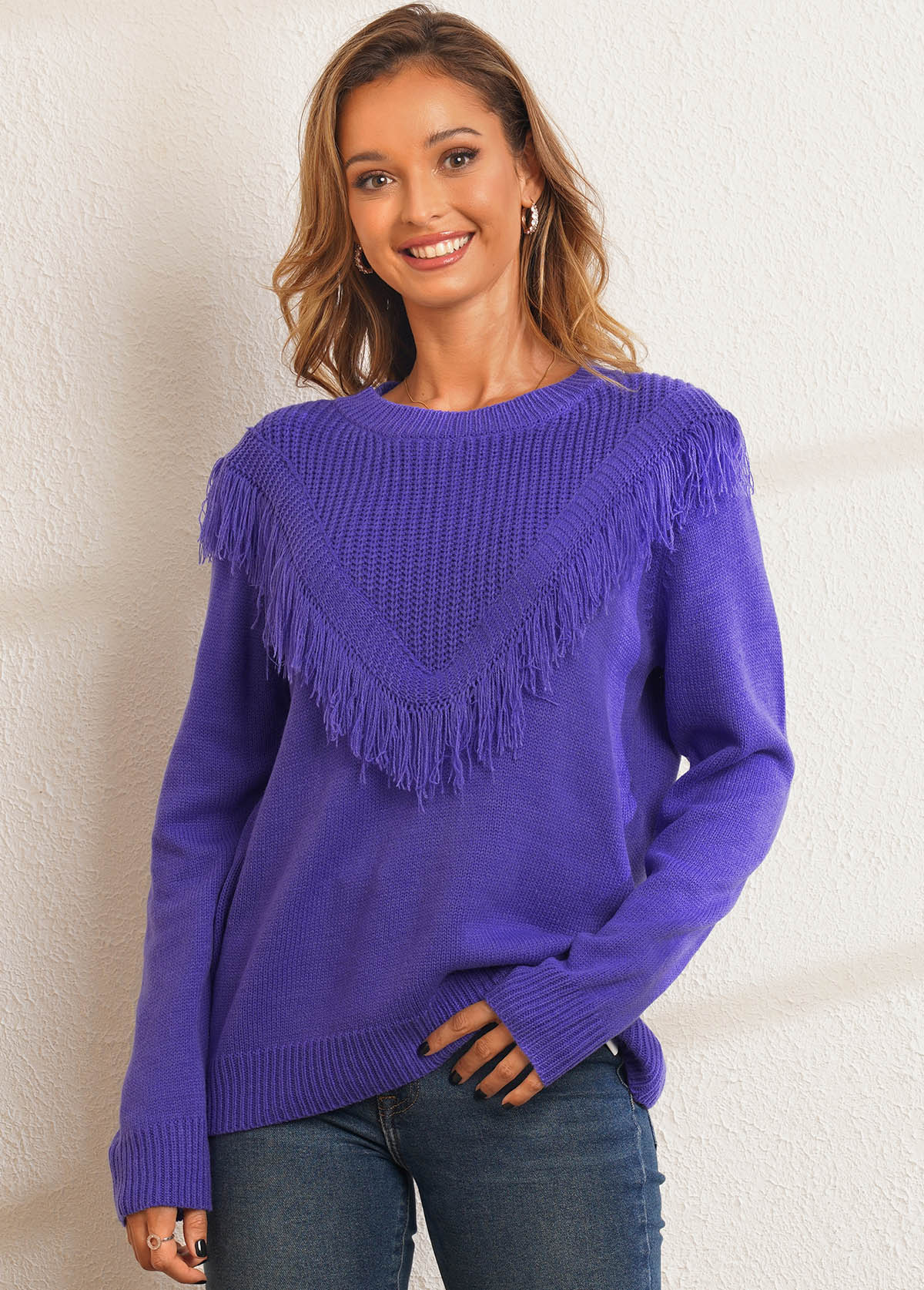 Round Neck Solid Tassel Long Sleeve Sweater