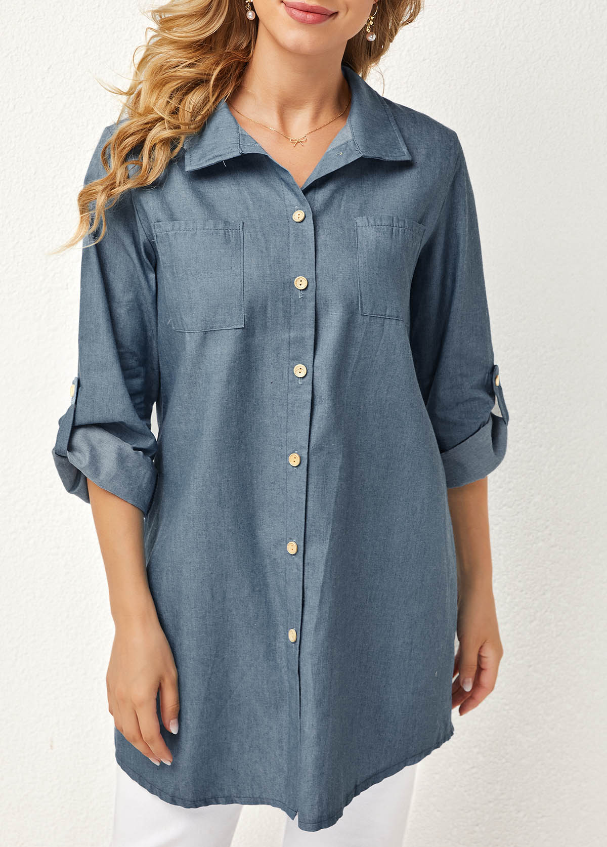 Double Pocket Turndown Collar Solid Blouse