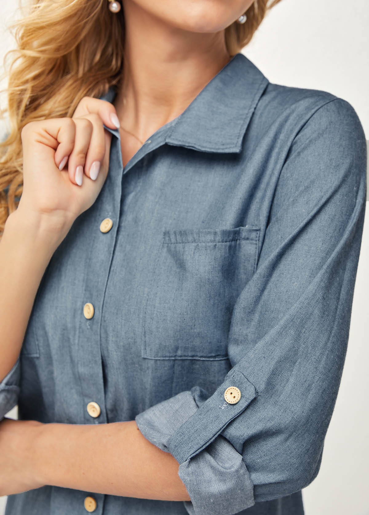 Double Pocket Turndown Collar Solid Blouse