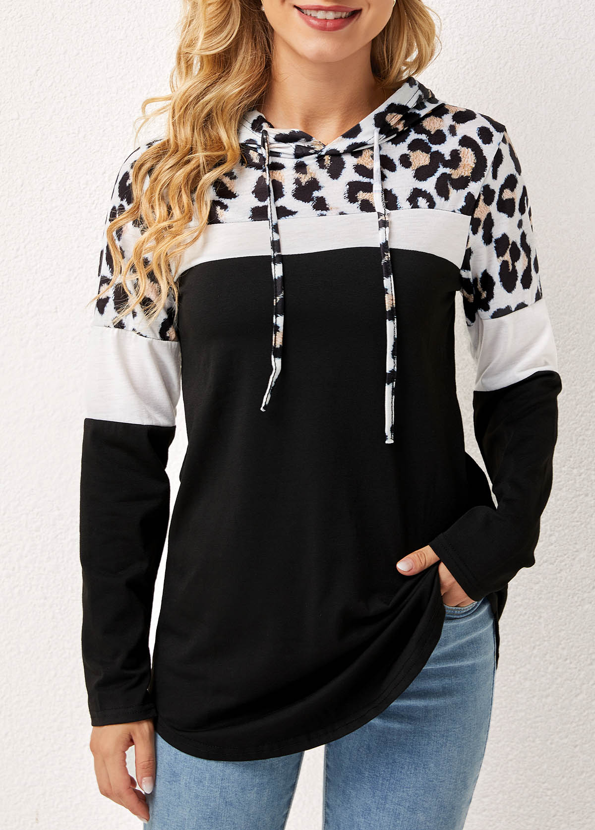 Leopard Hooded Collar Drawstring Long Sleeve T Shirt