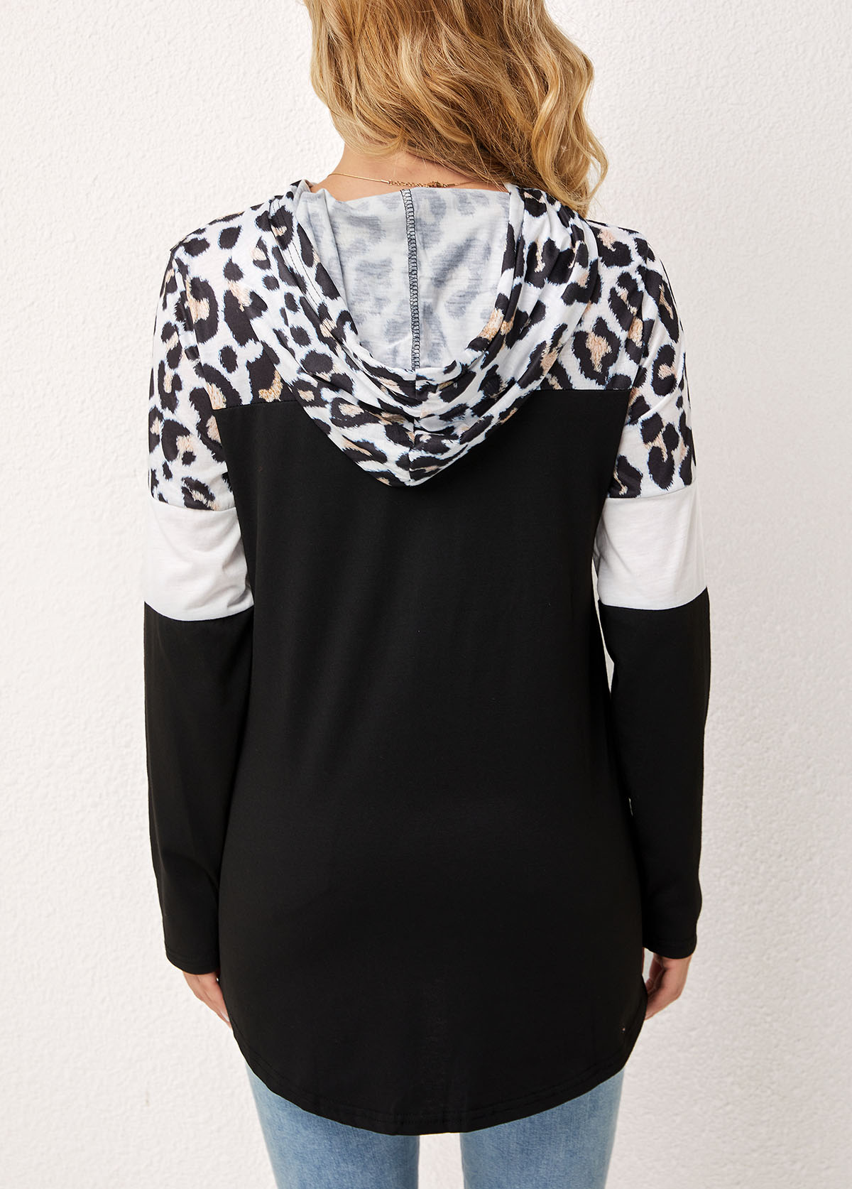 Leopard Hooded Collar Drawstring Long Sleeve T Shirt