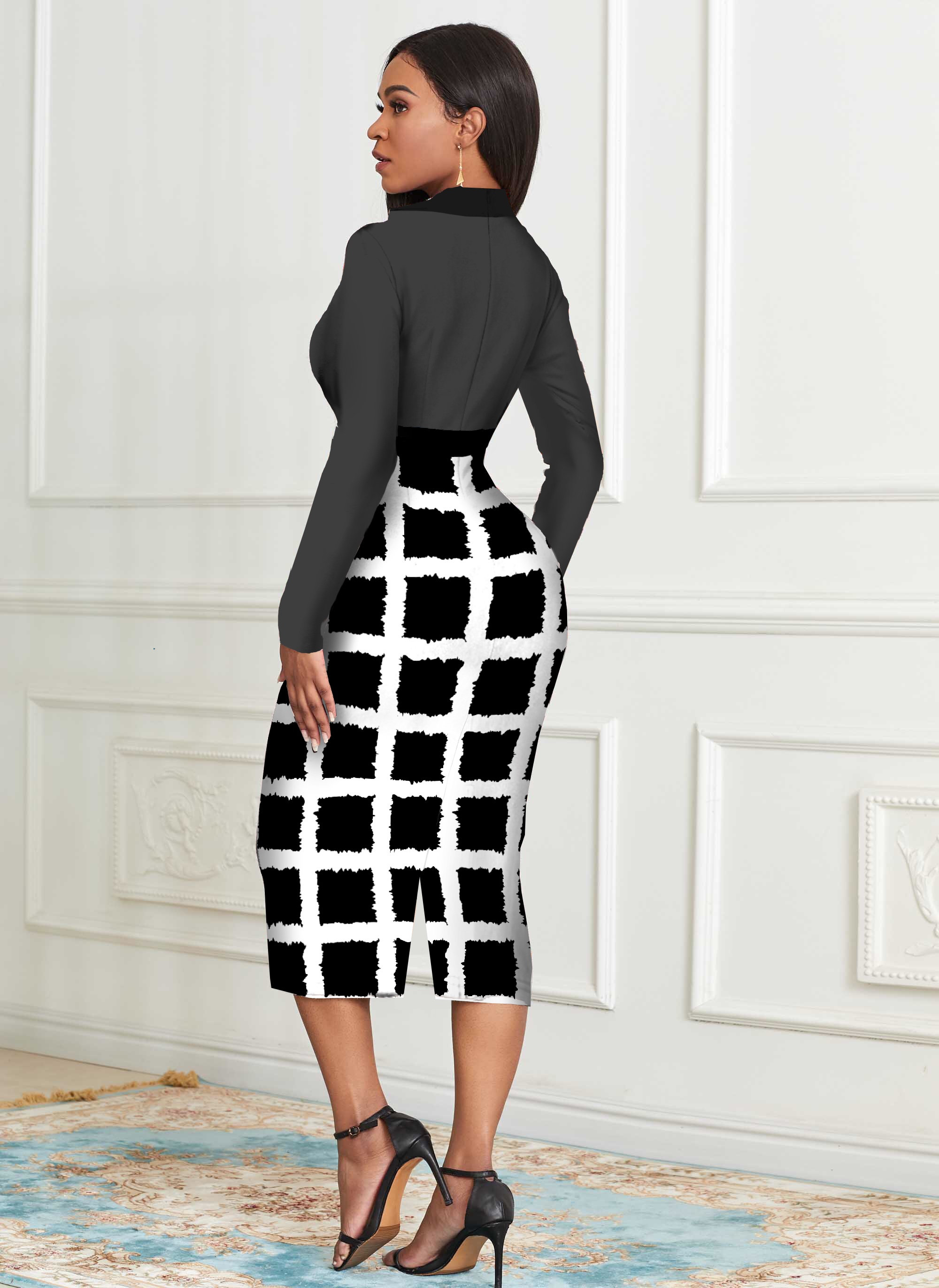 Zipper Detail Checkered Long Sleeve Dress