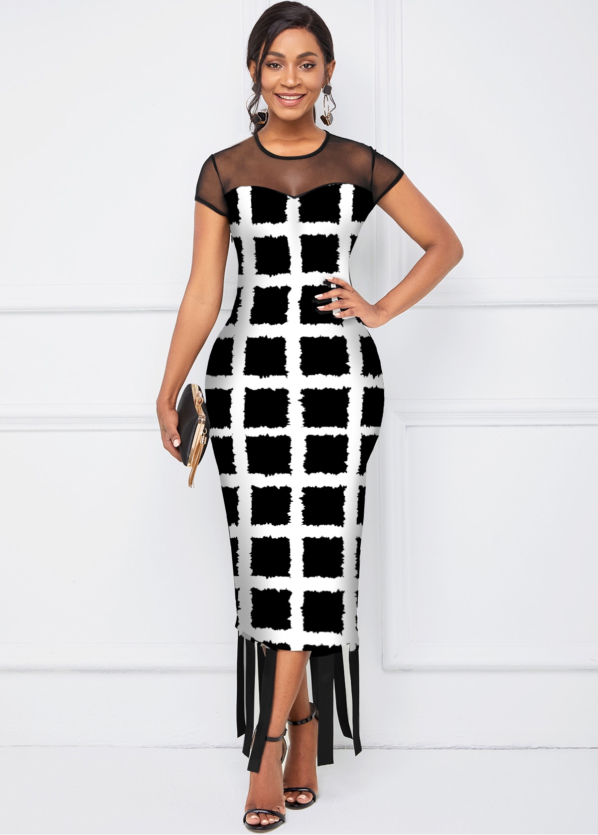 Checkered Short Sleeve Round Neck Dress