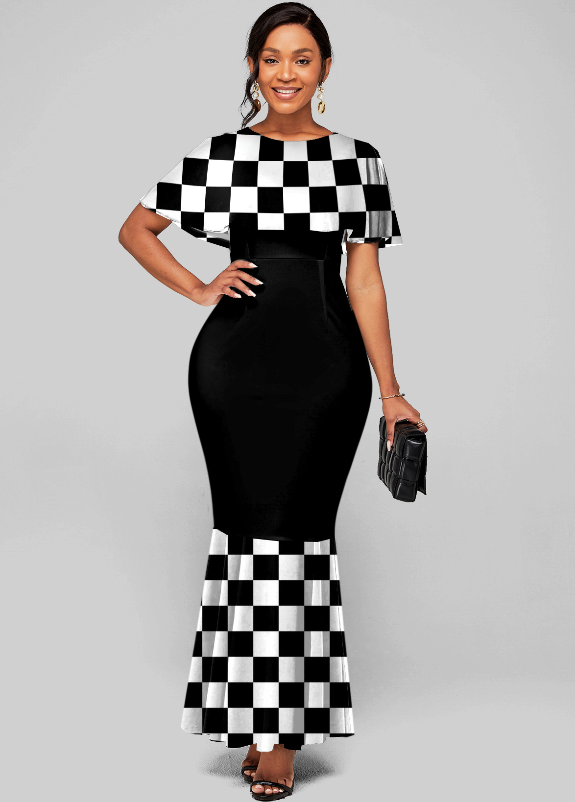 Short Sleeve Round Neck Checkerboard Pattern Mermaid Dress