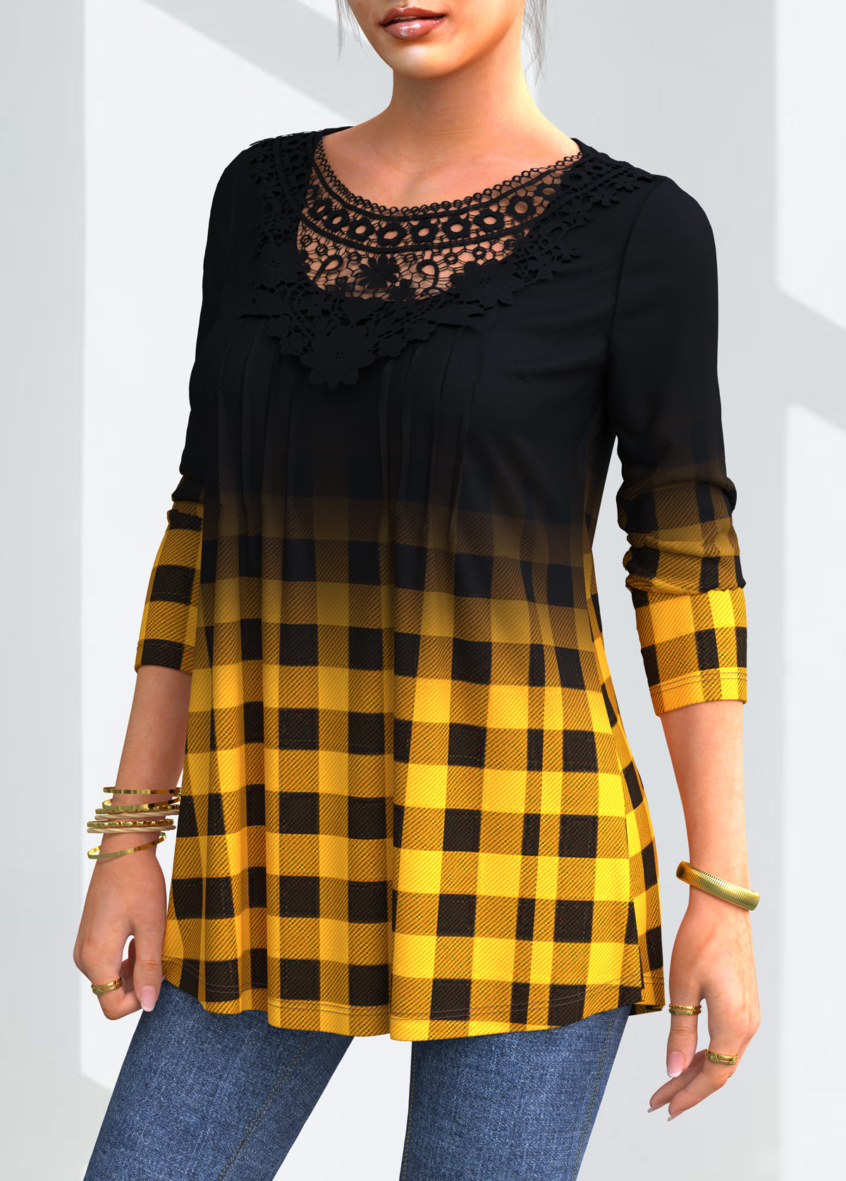 Ombre Lace Stitching Plaid Long Sleeve Blouse