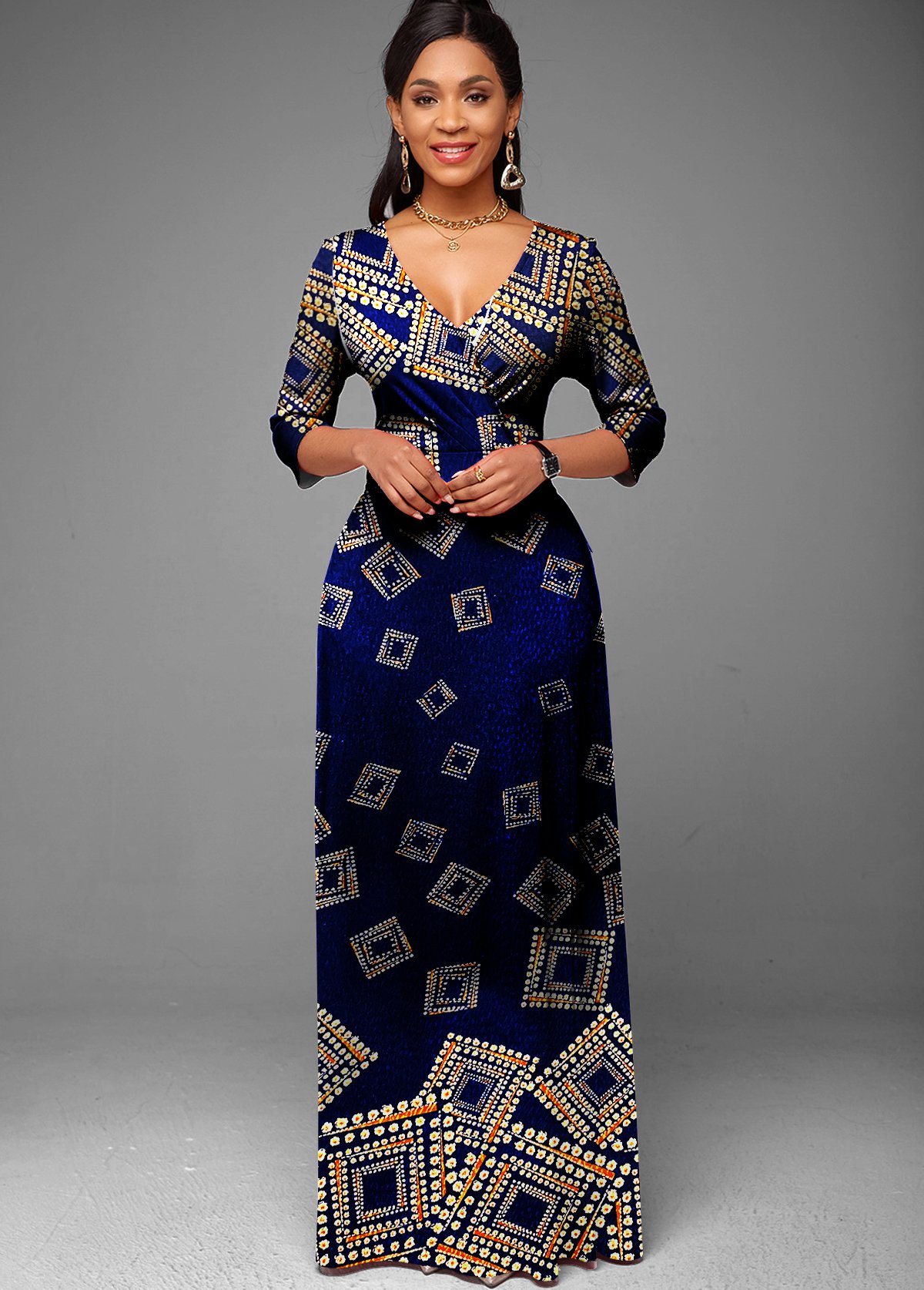 3/4 Sleeve Foil Print Geometrical Pattern Wrap Dress