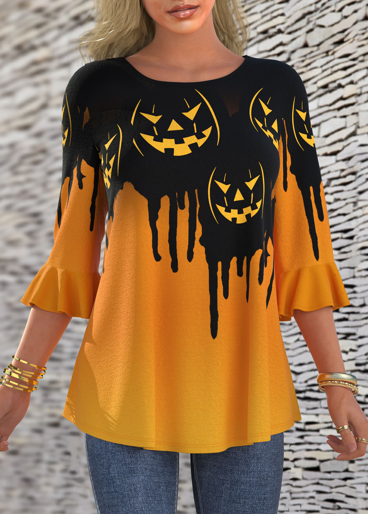 3/4 Sleeve Halloween Pumpkin Print T Shirt