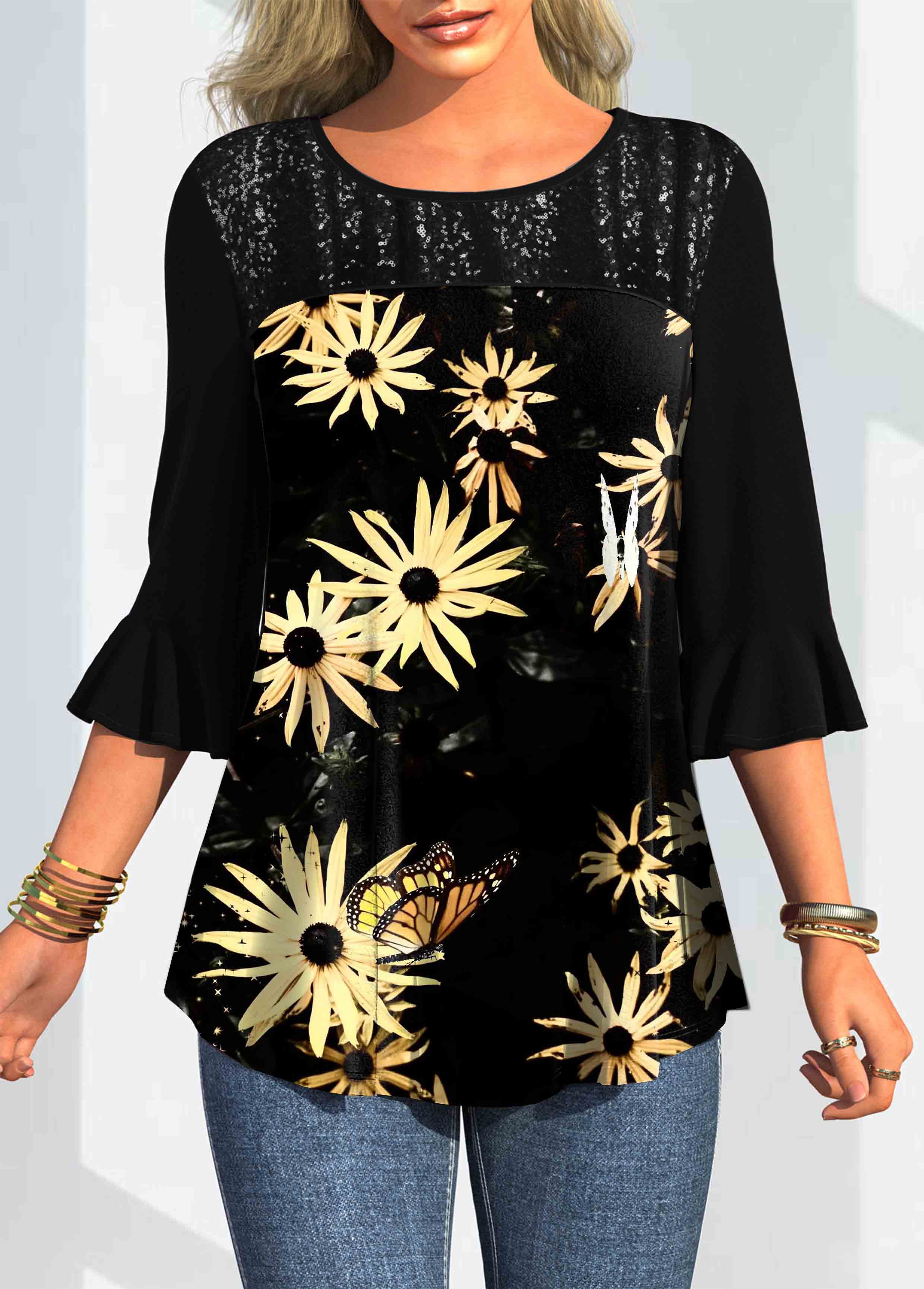 Floral Print Three Quarters Sleeve Round Neck T Shirt