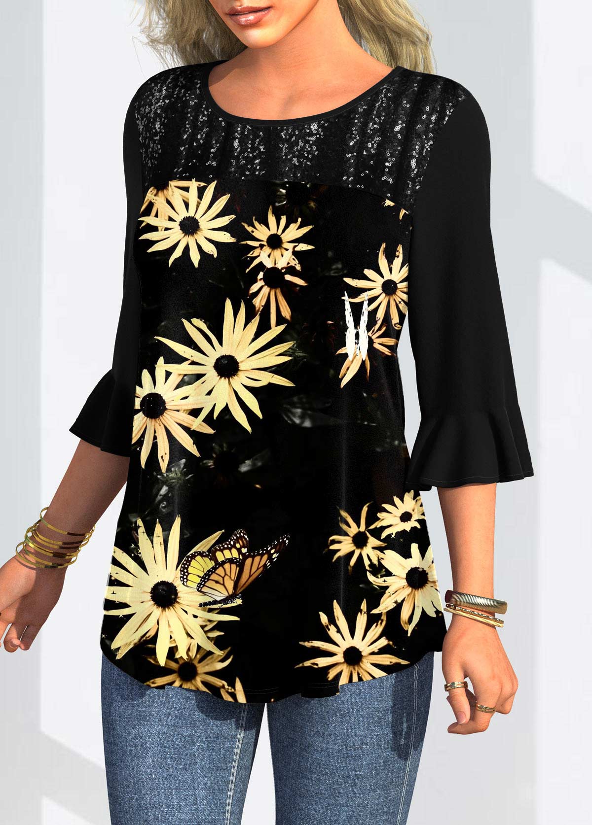 Floral Print Three Quarters Sleeve Round Neck T Shirt