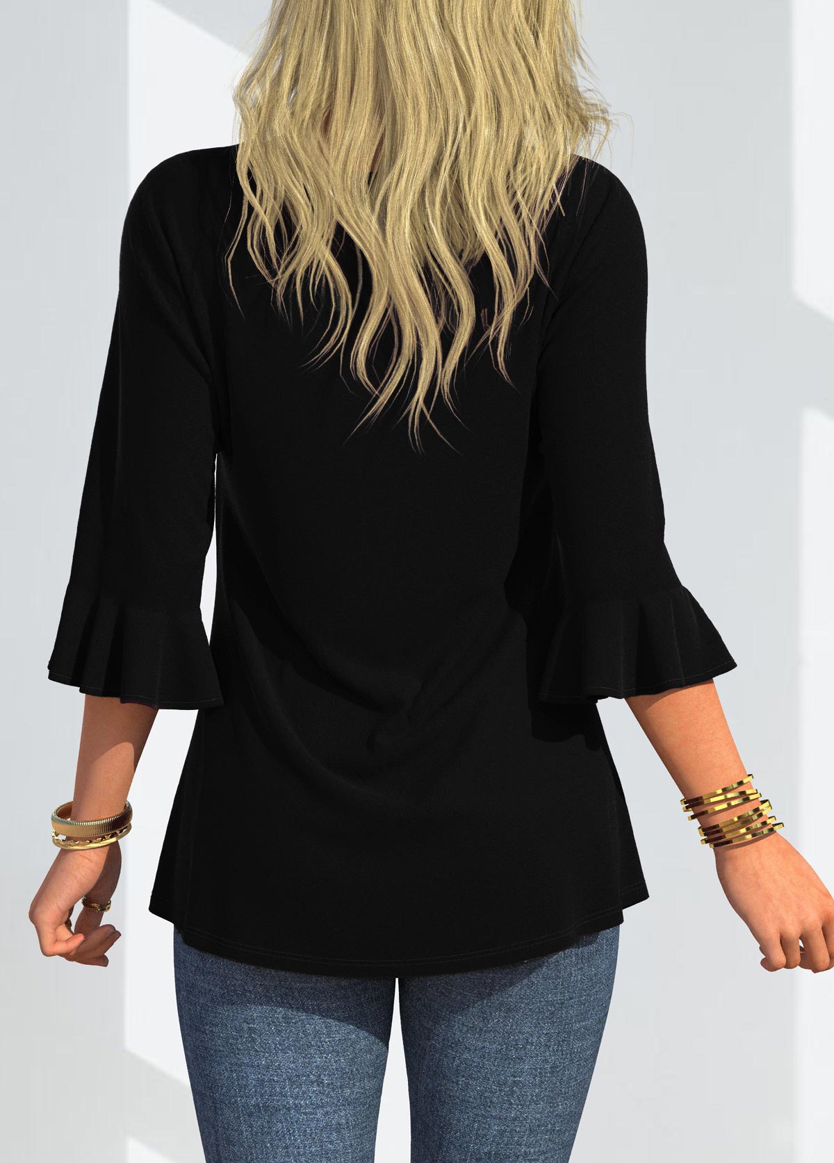 Floral Print Three Quarters Sleeve Round Neck T Shirt