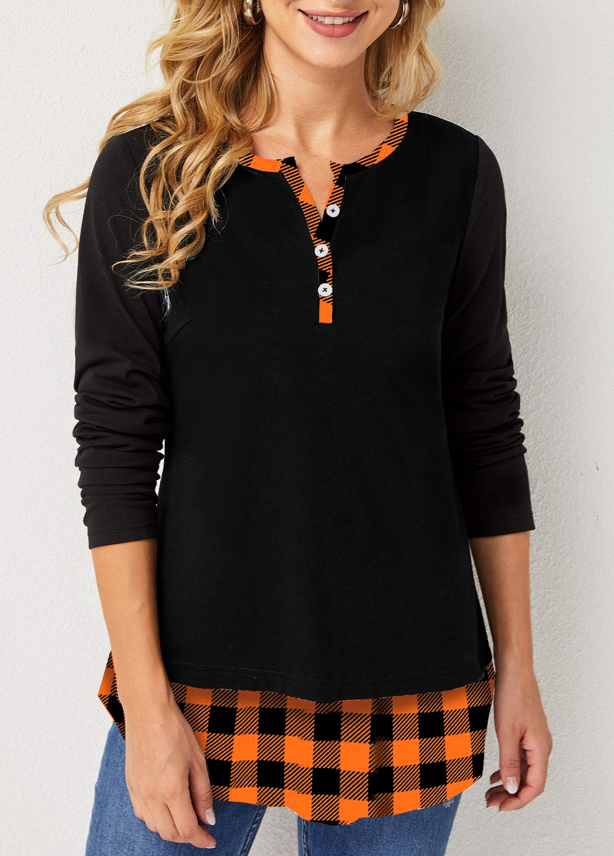 Split Neck Plaid Decorative Button T Shirt