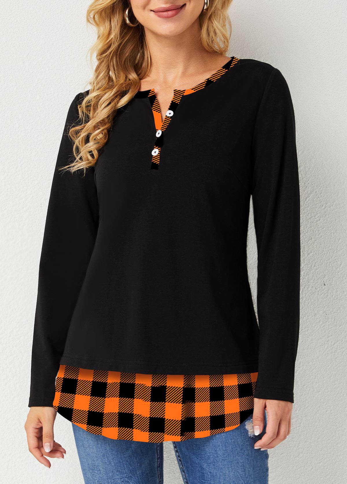 Split Neck Plaid Decorative Button T Shirt