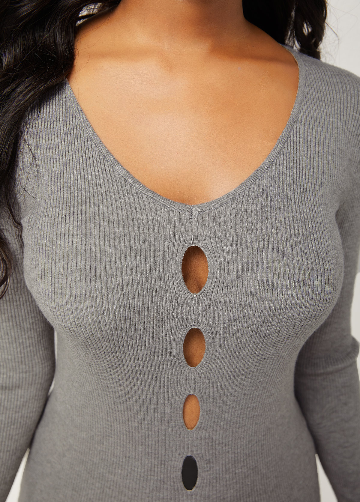 Long Sleeve Front Slit Cutout Design Sweater