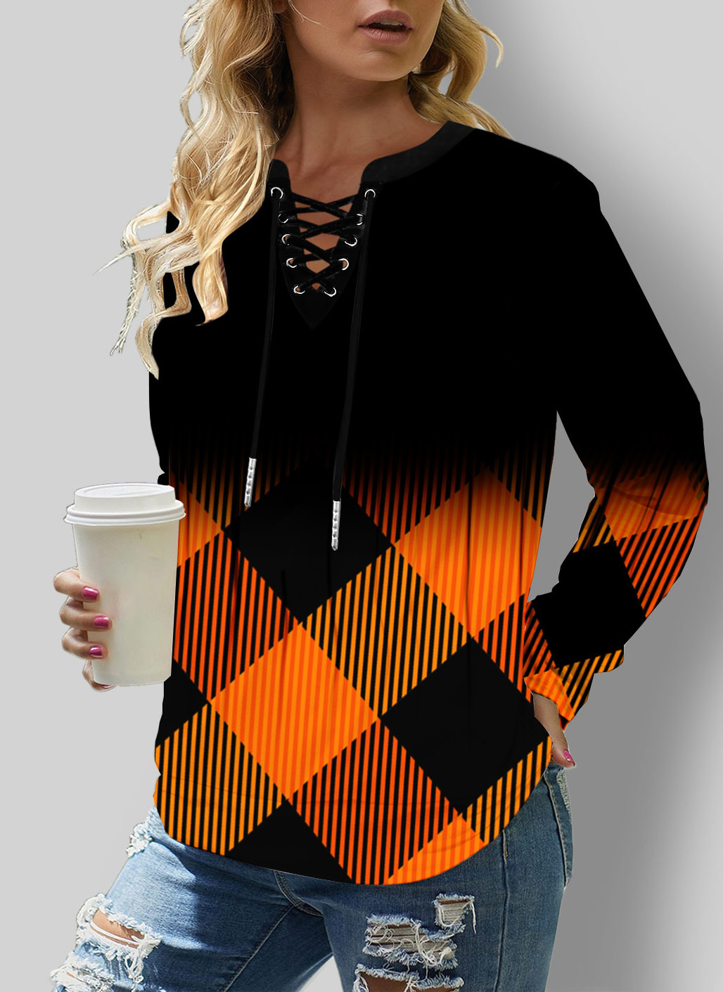 Long Sleeve Lace Up Plaid Ombre Sweatshirt