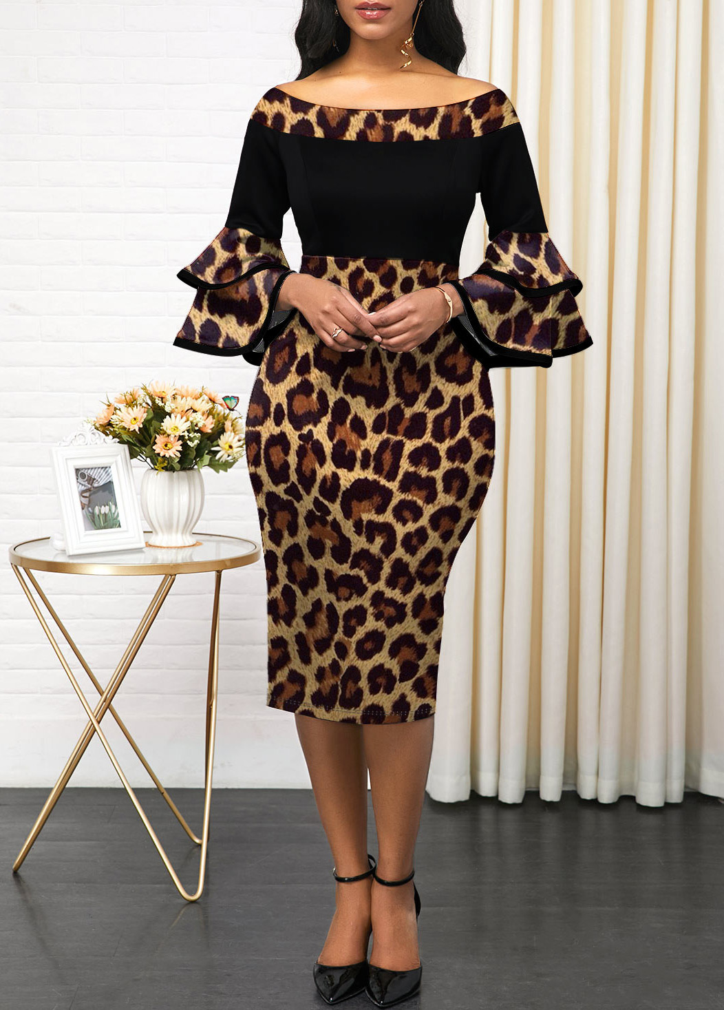 Layered Bell Sleeve Leopard Off Shoulder Dress