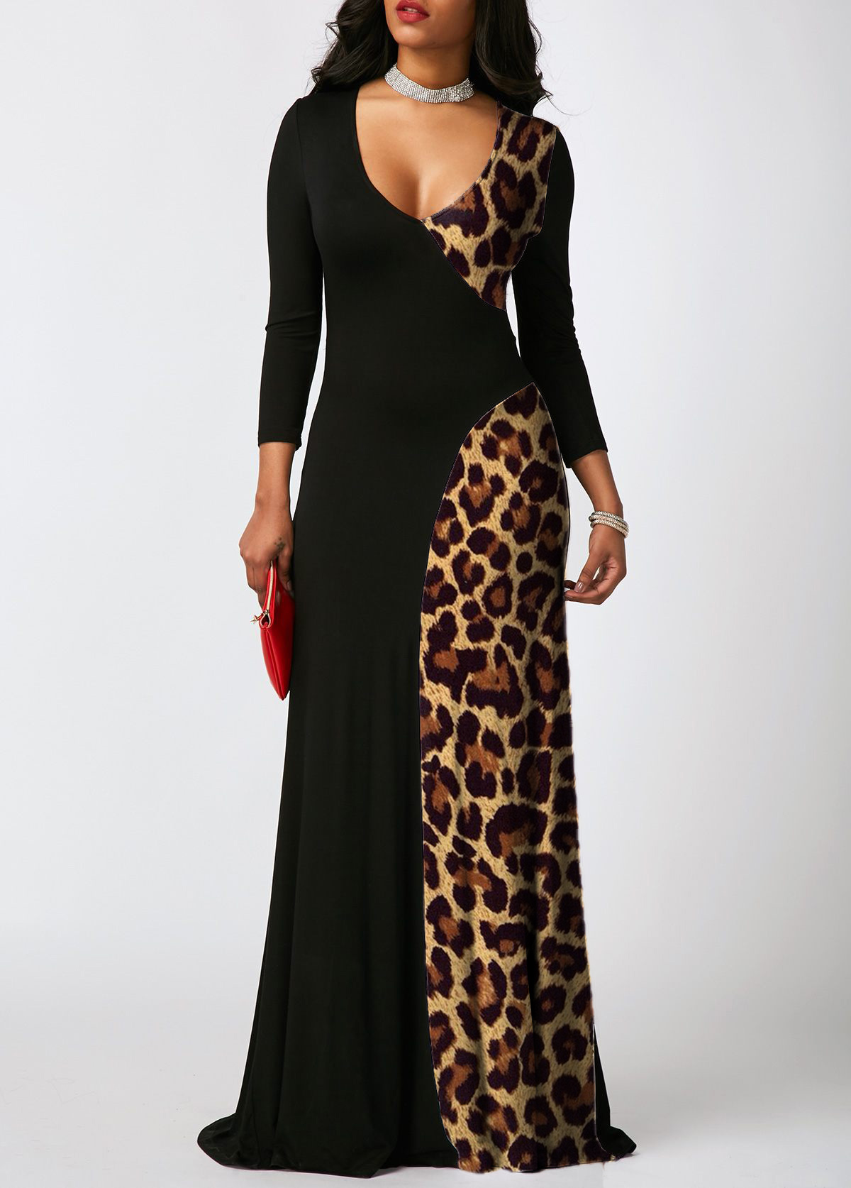 Contrast 3/4 Sleeve Leopard Maxi Dress