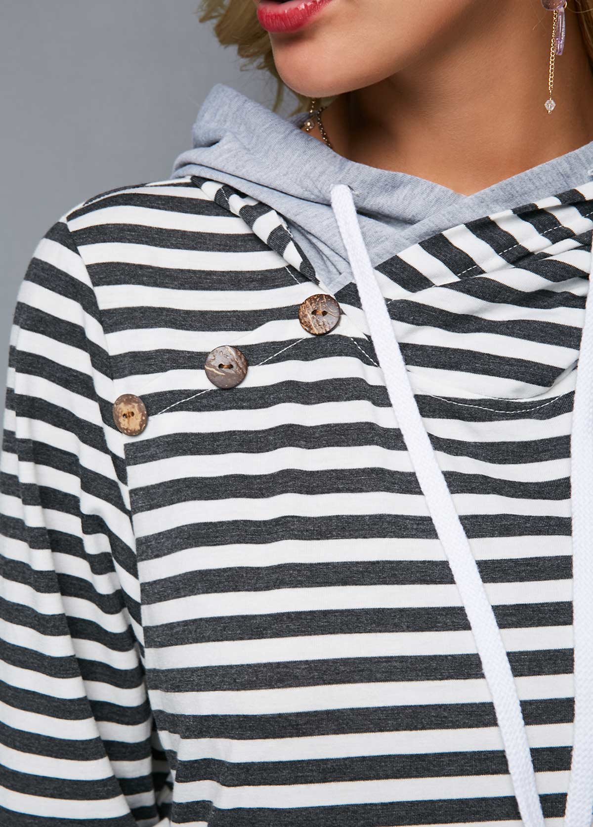 Decorative Button Long Sleeve Stripe Print Hoodie