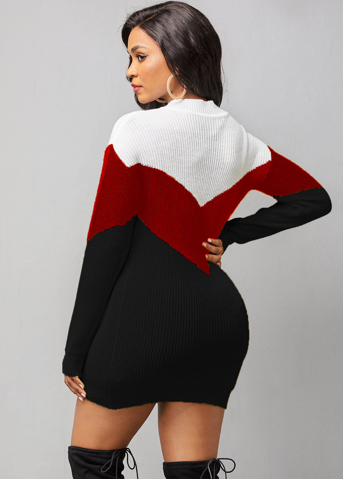 Contrast Mock Neck Long Sleeve Sweater Dress