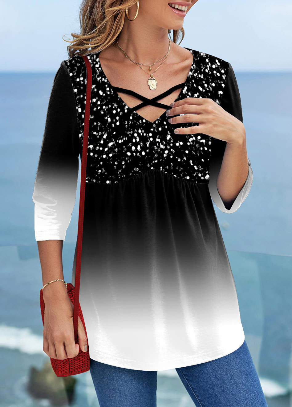 Ombre Sequin 3/4 Sleeve Cross Strap T Shirt
