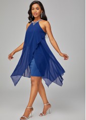 Blue Chiffon Overlay Embellished Neck Dress